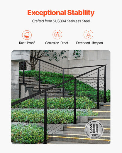 Cable Railing Post, 42x1x2 Inch Stair Railing Post, with Pre-Drilled 30° Angled Holes, Stainless Steel Cable Rail Post with Horizontal and Curved Bracket, 1-Pack, Black, 1JZLGZXHS106VRA3X001V0