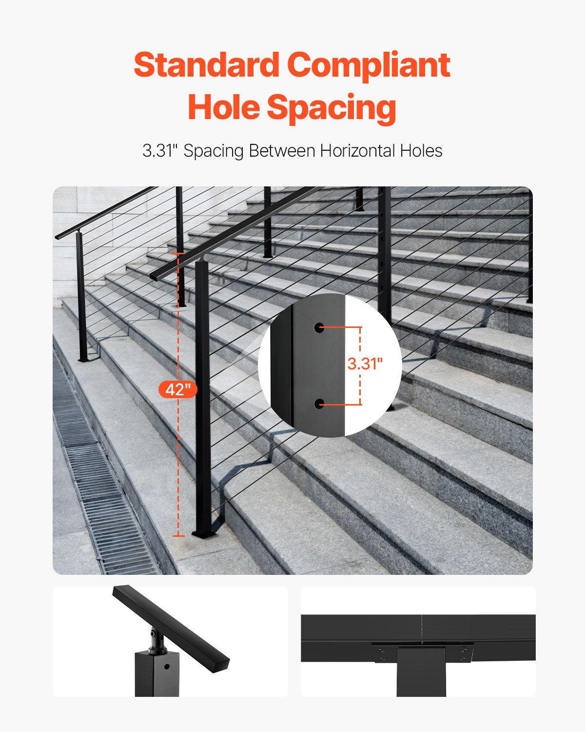 Cable Railing Post, 42x1x2 Inch Stair Railing Post, with Pre-Drilled 30° Angled Holes, Stainless Steel Cable Rail Post with Horizontal and Curved Bracket, 1-Pack, Black, 1JZLGZXHS106VRA3X001V0