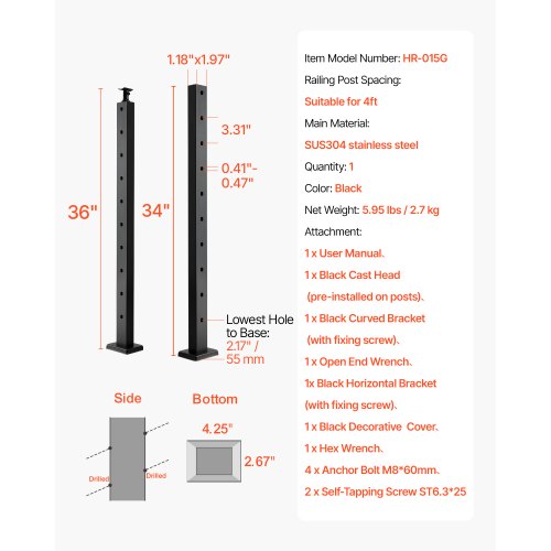 Cable railing post 91x3.5x5.5 cm with 30° angled holes 1JZLGZXHS91402OS1001V0 | EU