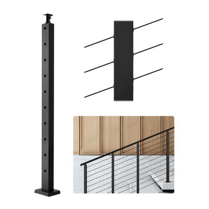 Cable Railing Post, 36x1x2 Inch Stair Railing Post, with Pre-Drilled 30° Angled Holes, Stainless Steel Cable Rail Post with Horizontal and Curved Bracket, 1-Pack, Black, 1JZLGZXHS91402OS1001V0