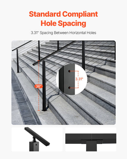 Cable Railing Post, 36x1x2 Inch Stair Railing Post, with Pre-Drilled 30° Angled Holes, Stainless Steel Cable Rail Post with Horizontal and Curved Bracket, 1-Pack, Black, 1JZLGZXHS91402OS1001V0