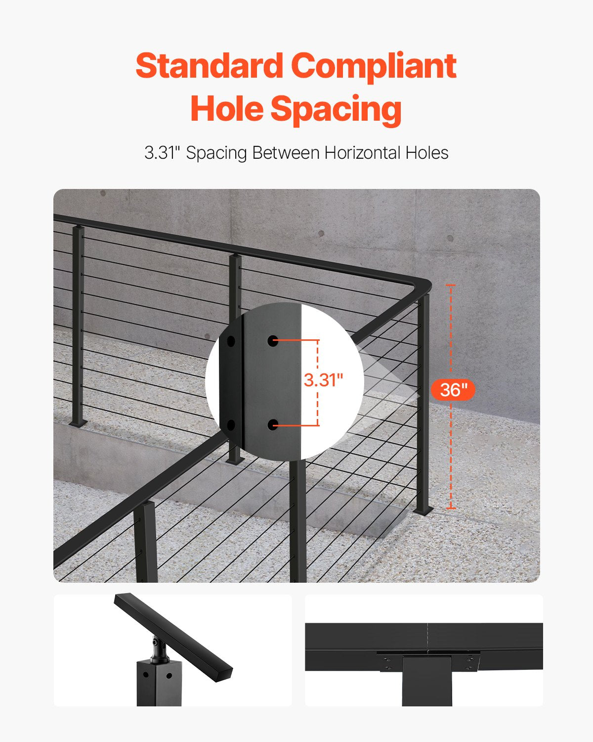 Cable Railing Post, 36x1x2 Inch Corner Railing Post, with L-Shaped Pre-Drilled Holes, Stainless Steel Cable Rail Post with Horizontal and Curved Bracket, 1-Pack, Black, 1JZLGZXHS914IVCFL001V0