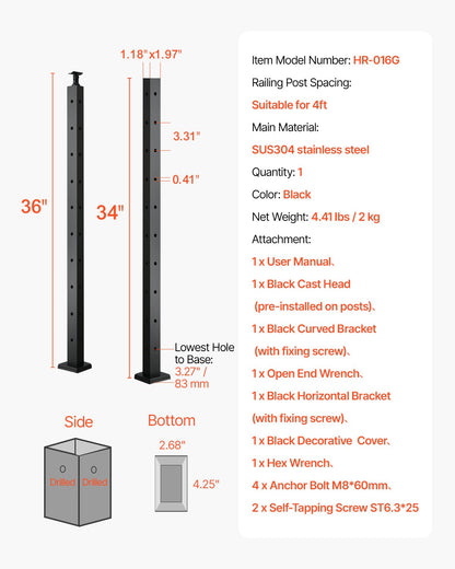 Cable Railing Post, 36x1x2 Inch Corner Railing Post, with L-Shaped Pre-Drilled Holes, Stainless Steel Cable Rail Post with Horizontal and Curved Bracket, 1-Pack, Black, 1JZLGZXHS914IVCFL001V0