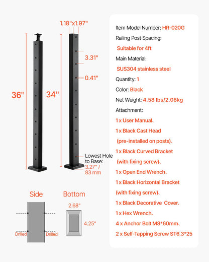 Cable Railing Post, 36x1x2 Inch Level Deck Stair Posts, 1-Pack Stainless Steel Cable Handrail Post, Pre-Drilled Pickets with Mounting Bracket Stair Railing Kit, Black, 1JZLGZXHS914LZA6X001V0