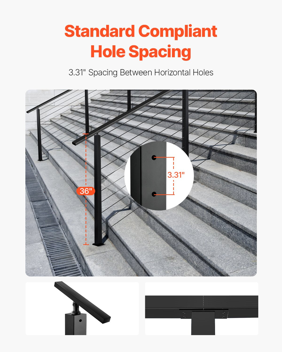 Cable Railing Post, 36x2x2 Inch Stair Railing Post, with Pre-Drilled 30° Angled Holes, Stainless Steel Cable Rail Post with Horizontal and Curved Bracket, 1-Pack, Black, 1JZLGZXHS914YIVIS001V0