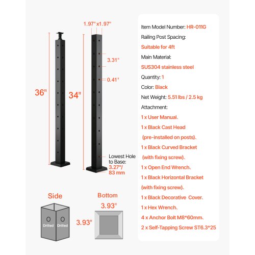 VEVRO Kabelgeländerpfosten 36x2x2 Zoll mit L-förmigen Löchern 1JZLGZXHS914ZPBNY001V0 | EU