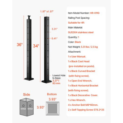 VEVRO Kabelgeländerpfosten 36x2x2 Zoll mit L-förmigen Löchern 1JZLGZXHS914ZPBNY001V0 | EU