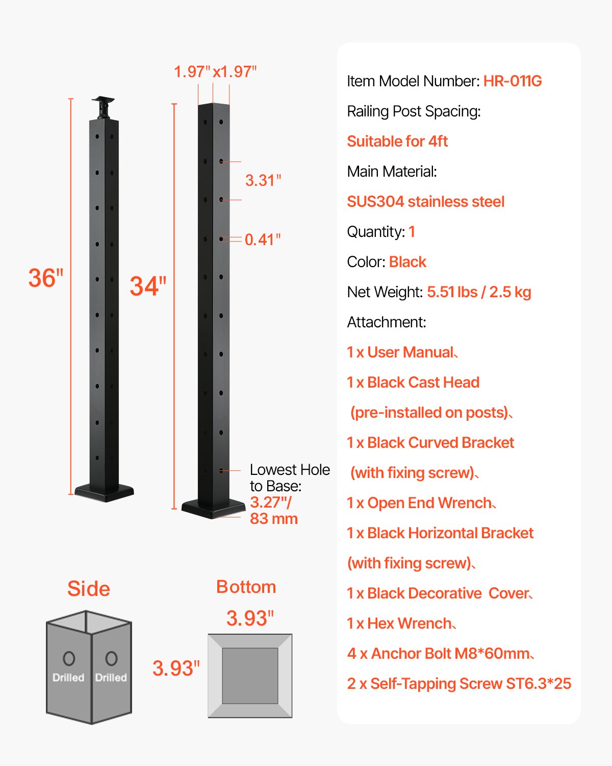 Cable Railing Post, 36x2x2 Inch Corner Railing Post, with L-Shaped Pre-Drilled Holes, Stainless Steel Cable Rail Post with Horizontal and Curved Bracket, 1-Pack, Black, 1JZLGZXHS914ZPBNY001V0