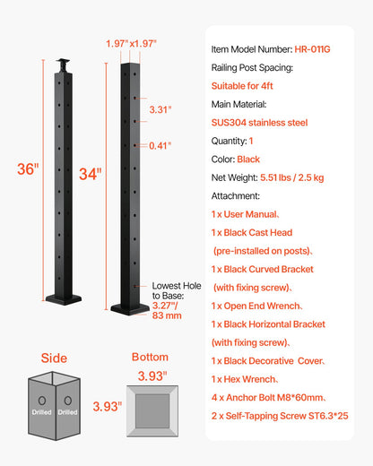 Cable Railing Post, 36x2x2 Inch Corner Railing Post, with L-Shaped Pre-Drilled Holes, Stainless Steel Cable Rail Post with Horizontal and Curved Bracket, 1-Pack, Black, 1JZLGZXHS914ZPBNY001V0