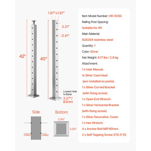 Cable Railing Post 42x2x2 inch Pre-drilled Post 1JZLGZXYS1061EF8W001V0 | EU