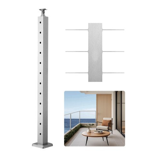 Cable Railing Post, 42x2x2 Inch Level Deck Stair Posts, 1-Pack Stainless Steel Cable Handrail Post, Pre-Drilled Pickets with Mounting Bracket Stair Railing Kit, Silver, 1JZLGZXYS1061EF8W001V0