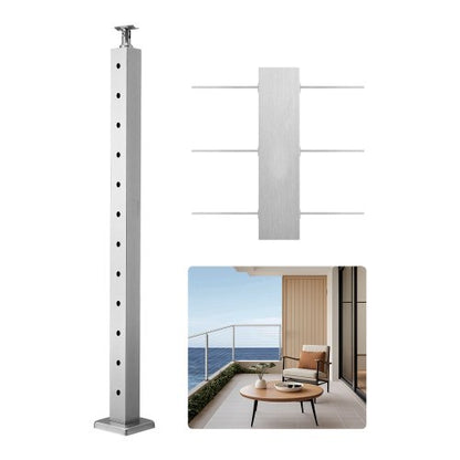 Cable Railing Post, 42x2x2 Inch Level Deck Stair Posts, 1-Pack Stainless Steel Cable Handrail Post, Pre-Drilled Pickets with Mounting Bracket Stair Railing Kit, Silver, 1JZLGZXYS1061EF8W001V0