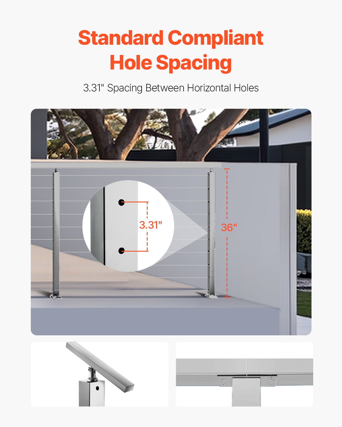1-Pack Cable Railing Post, 36x2x2 In Horizontal-Hole Deck Railing Post with Pre-Drilled Holes, Stainless Steel Cable Rail Post with Horizontal and Curved Bracket, Silver, 1JZLGZXYS91466KZK001V0