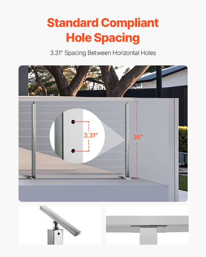 1-Pack Cable Railing Post, 36x2x2 In Horizontal-Hole Deck Railing Post with Pre-Drilled Holes, Stainless Steel Cable Rail Post with Horizontal and Curved Bracket, Silver, 1JZLGZXYS91466KZK001V0