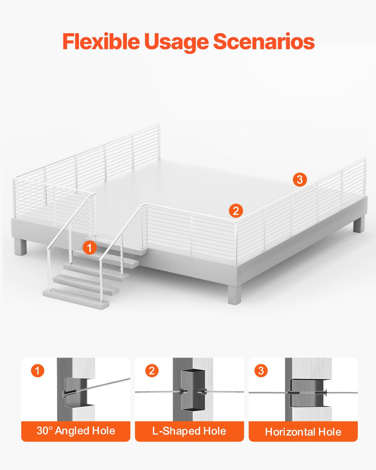 1-Pack Cable Railing Post, 36x2x2 In Horizontal-Hole Deck Railing Post with Pre-Drilled Holes, Stainless Steel Cable Rail Post with Horizontal and Curved Bracket, Silver, 1JZLGZXYS91466KZK001V0