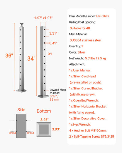 1-Pack Cable Railing Post, 36x2x2 In Horizontal-Hole Deck Railing Post with Pre-Drilled Holes, Stainless Steel Cable Rail Post with Horizontal and Curved Bracket, Silver, 1JZLGZXYS91466KZK001V0