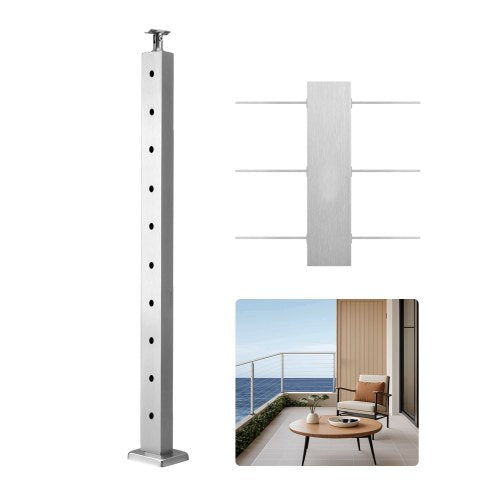 Cable Railing Post, 36x1x2 Inch Level Deck Stair Posts, 1-Pack Stainless Steel Cable Handrail Post, Pre-Drilled Pickets with Mounting Bracket Stair Railing Kit, Silver, 1JZLGZXYS914I4BDB001V0