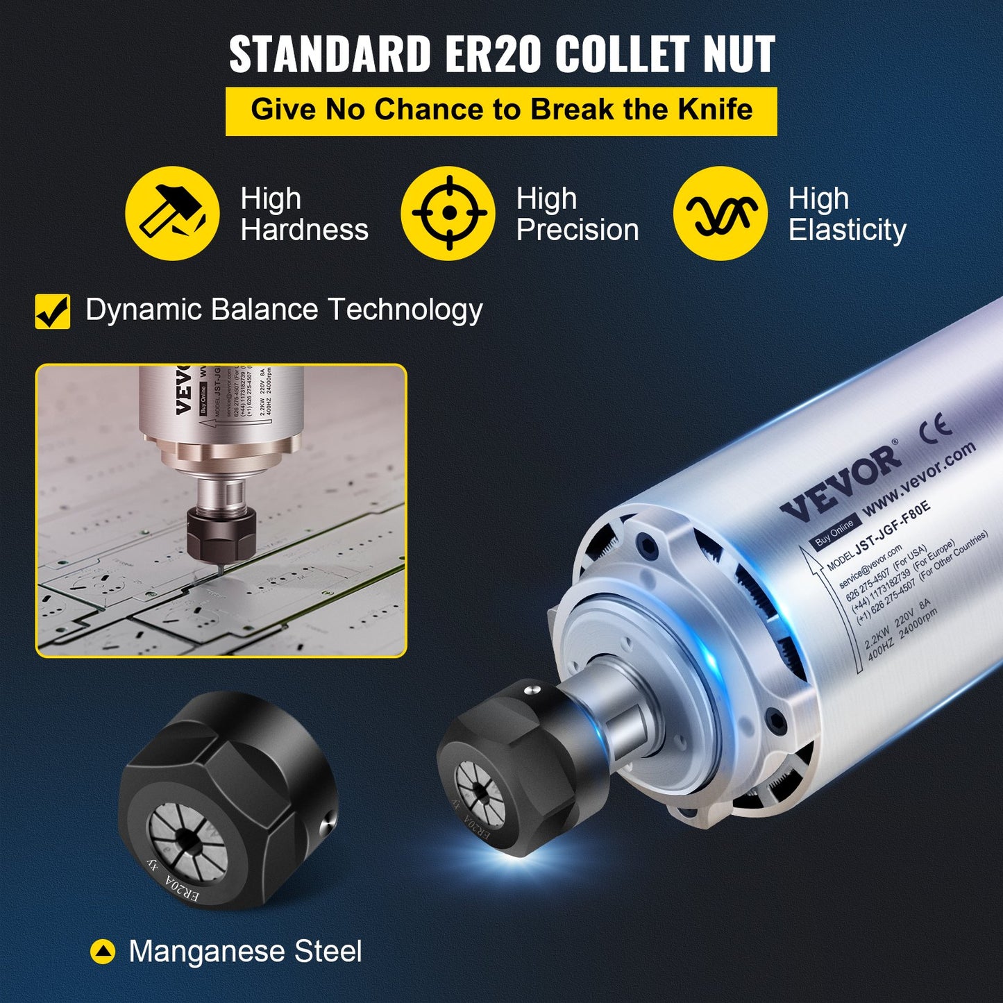Air Cooled Spindle Motor ER20 CNC Spindle Milling Motor 2.2KW Spindle Motor 24000 RPM 400 Hz for CNC Router Engraving Milling Grind Machine（220V）