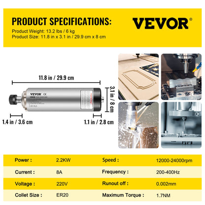 Air Cooled Spindle Motor ER20 CNC Spindle Milling Motor 2.2KW Spindle Motor 24000 RPM 400 Hz for CNC Router Engraving Milling Grind Machine（220V）