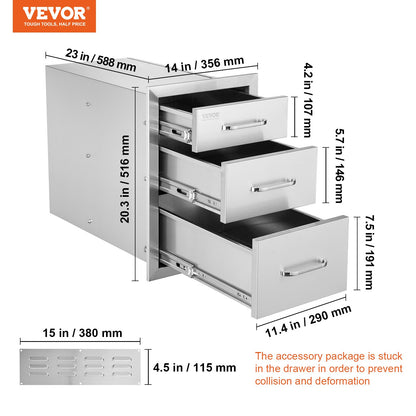 Outdoor Kitchen Drawers 14" W x 20.3" H x 23" D, Flush Mount Triple Access BBQ Drawers Stainless Steel with Handle, BBQ Island Drawers for Outdoor Kitchens or Patio Grill Station