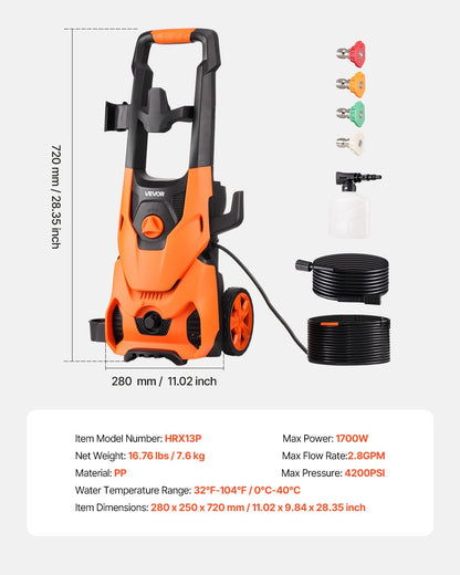 Electric Pressure Washer, Max 4200 PSI and 2.8 GPM, High Power Pressure Cleaning Machine with 4 Quick Connect Nozzles and a Foam Cannon, Ideal for Cars/Fences/Driveways/Patios/Home Cleaning