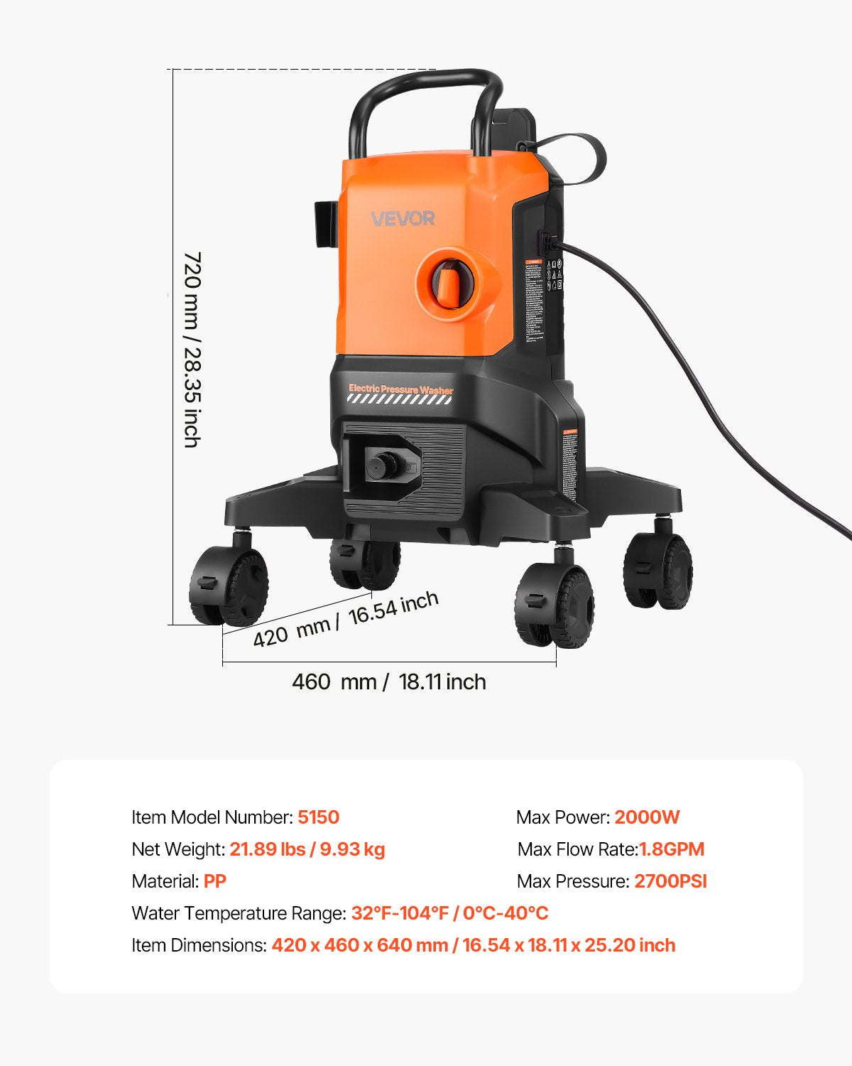 Electric Pressure Washer, Max 2700 PSI and 1.8 GPM, High Power Pressure Cleaning Machine with 4 Quick Connect Nozzles and a Foam Cannon, Ideal for Cars/Fences/Driveways/Patios/Home Cleaning