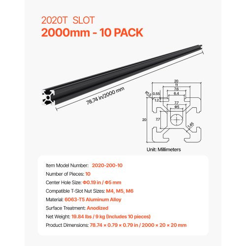 10 Stück 78,7 Zoll (2000 mm) T-Nut 2020 Aluminium extrudiert eloxiert Linearschiene | EU