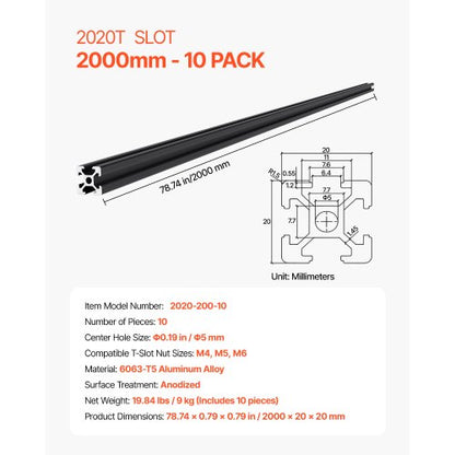 10 Stück 78,7 Zoll (2000 mm) T-Nut 2020 Aluminium extrudiert eloxiert Linearschiene | EU