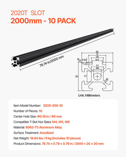 10PCS 78.7in (2000mm) T Slot 2020 Aluminum Extrusion Profile, European Standard Anodized Linear Rail, High-Strength Extruded Aluminum Rail for 3D Printer, CNC Machine DIY, Laser Engraving, Black