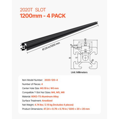 4 Stück 47,2 Zoll (1200 mm) T-Nut 2020 Aluminium extrudiert eloxiert Linearschiene | EU