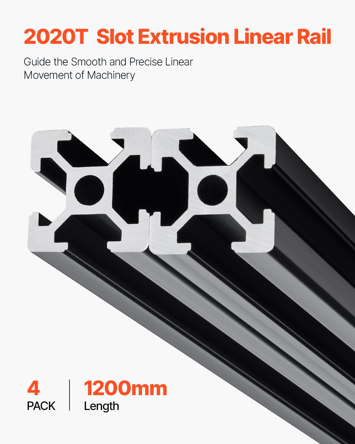4PCS 47.2 in (1200mm) T Slot 2020 Aluminum Extrusion Profile, European Standard Anodized Linear Rail, High-Strength Extruded Aluminum Rail for 3D Printer, CNC Machine DIY, Laser Engraving, Black