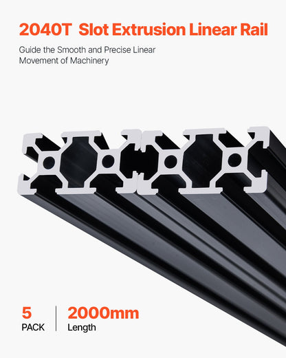 5PCS 78.7 in (2000mm) T Slot 2040 Aluminum Extrusion Profile, European Standard Anodized Linear Rail, High-Strength Extruded Aluminum Rail for 3D Printer, CNC Machine DIY, Laser Engraving, Black