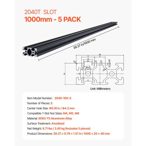 5PCS 39.4 inch (1000mm) T-Slot 2040 Aluminum Extruded Anodized Linear Rail | EU