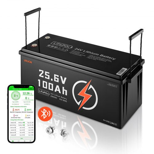 24V 100Ah LiFePO4 Lithium Battery, Bluetooth, Deep Cycle Lithium Rechargeable Battery, Built-in 50A BMS, Low Temp Protection, 4000+ Cycles, Max. 2560Wh, for RV, Camper, Trolling Motors, Marine
