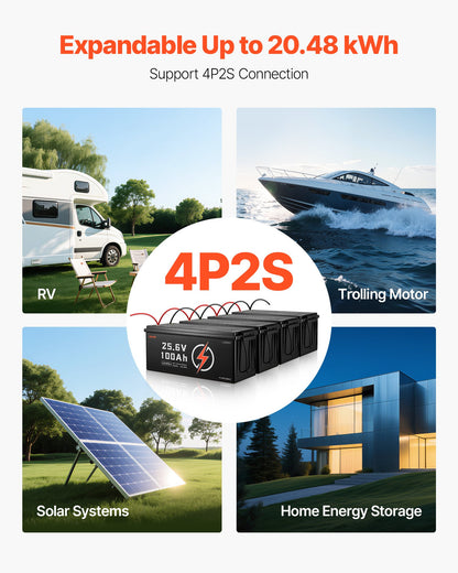 24V 100Ah LiFePO4 Lithium Battery, Bluetooth, Deep Cycle Lithium Rechargeable Battery, Built-in 50A BMS, Low Temp Protection, 4000+ Cycles, Max. 2560Wh, for RV, Camper, Trolling Motors, Marine