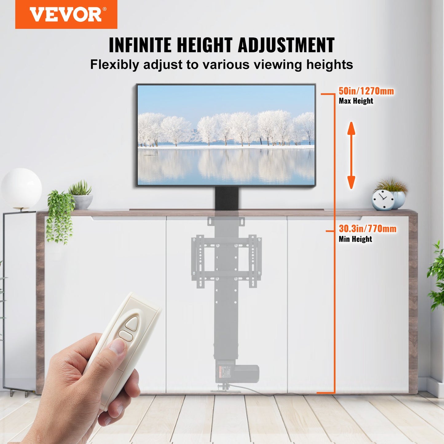 Automated TV Elevator, 20" Stroke for 28-32" TVs. Remote-Controlled, Adjustable Height 30-50", Supports up to 132 lbs