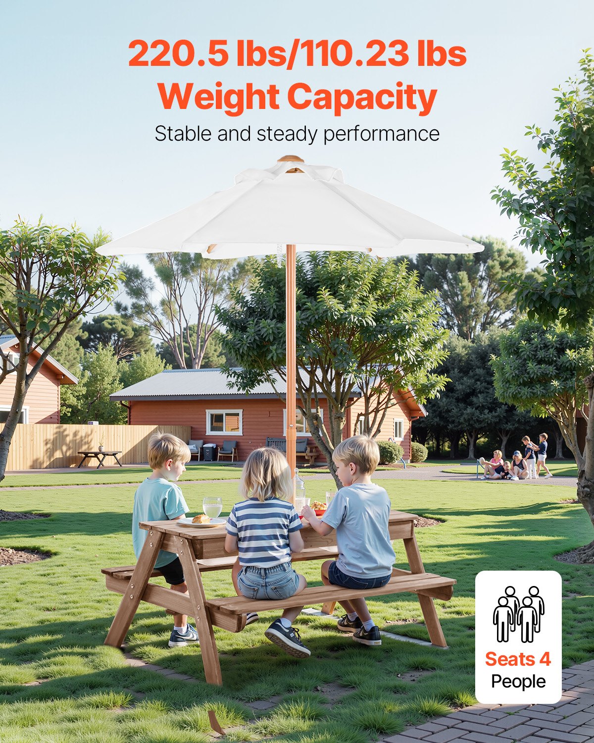 Kids Picnic Table with Umbrella, 3-in-1 Sand & Water Table, Outdoor Wooden Table and Bench Set with 2 Trays, 4-People Patio Dining Furniture for Garden, Backyard and Porch (Walnut)