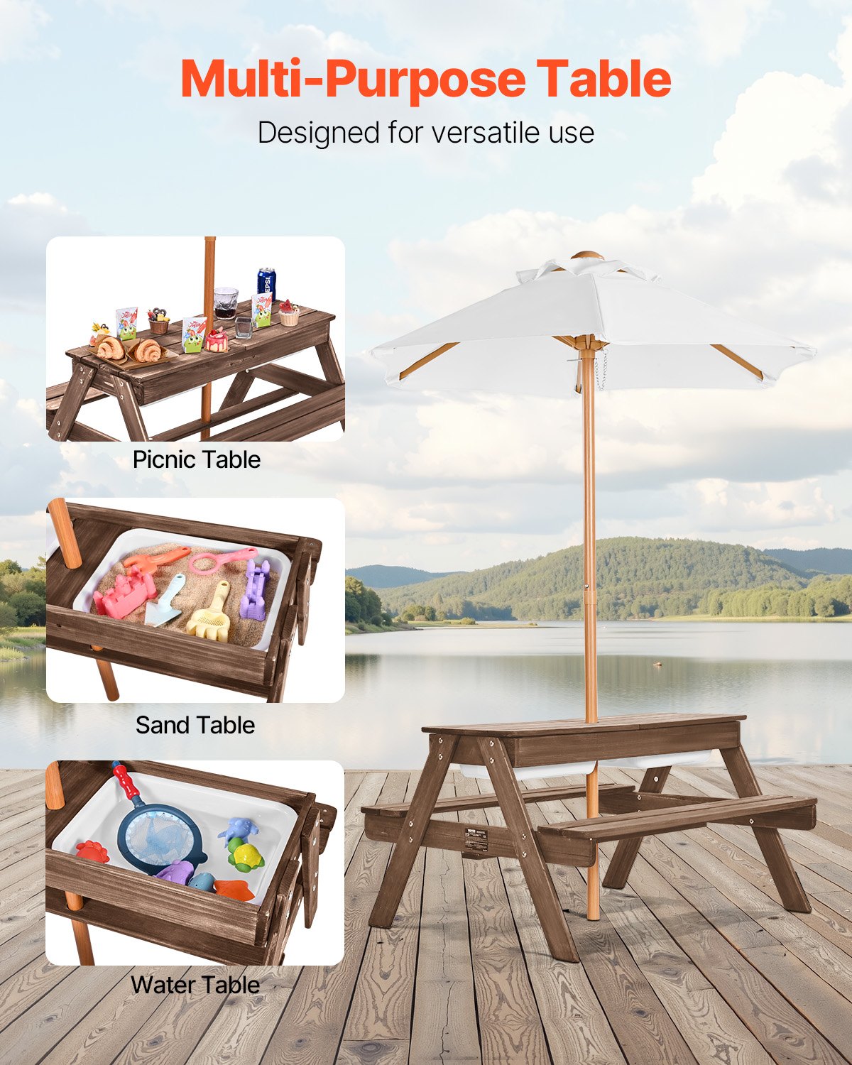 Kids Picnic Table with Umbrella, 3-in-1 Sand & Water Table, Outdoor Wooden Table and Bench Set with 2 Trays, 4-People Patio Dining Furniture for Garden, Backyard and Porch (Walnut)