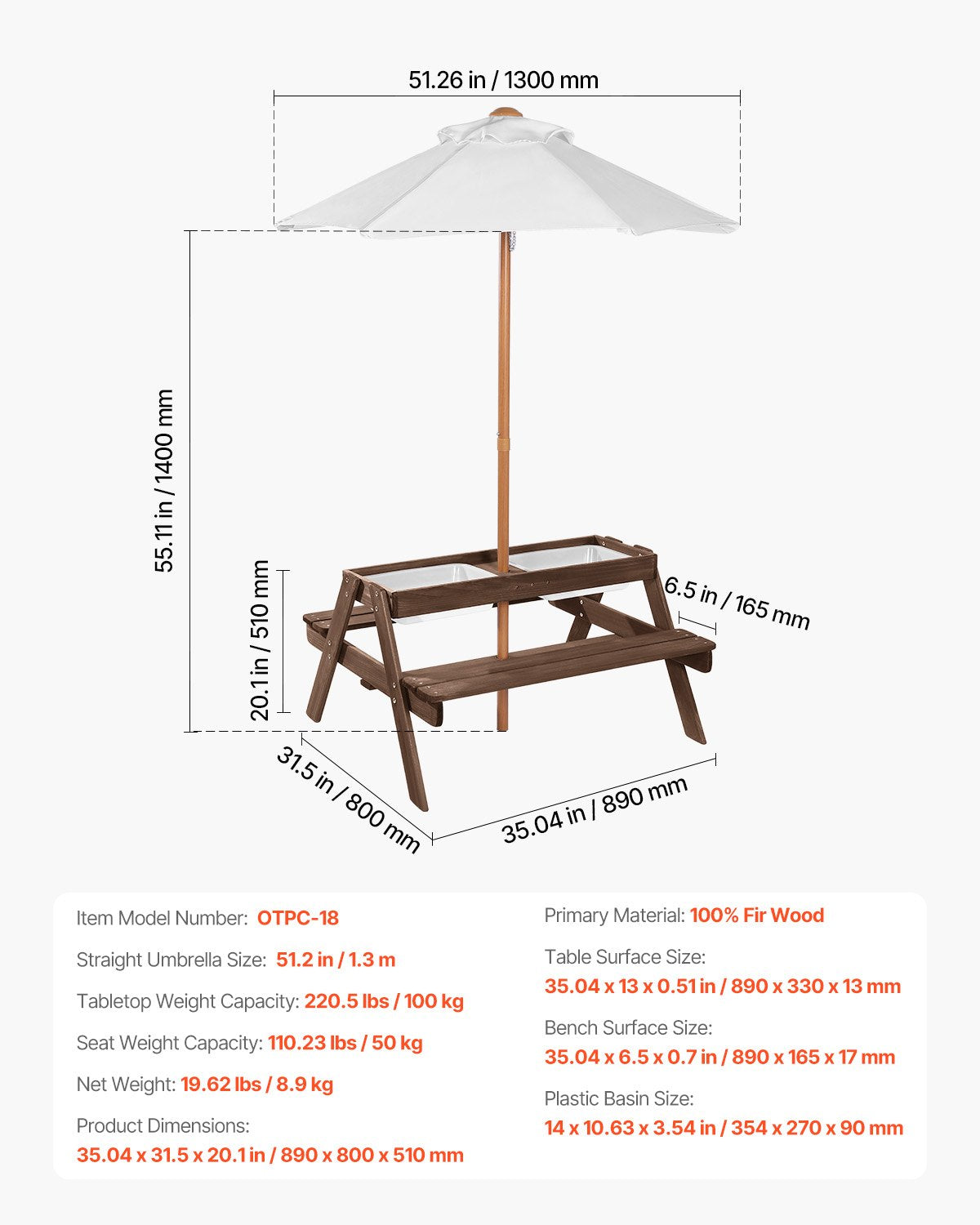 Kids Picnic Table with Umbrella, 3-in-1 Sand & Water Table, Outdoor Wooden Table and Bench Set with 2 Trays, 4-People Patio Dining Furniture for Garden, Backyard and Porch (Walnut)
