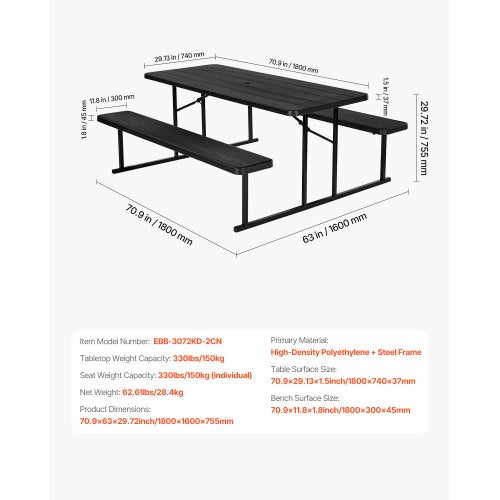 Picknicktisch, faltbar, Stahl, Campingtisch, Stuhl, Garten, drinnen und draußen | EU
