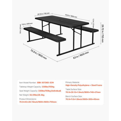 Picknicktisch, faltbar, Stahl, Campingtisch, Stuhl, Garten, drinnen und draußen | EU