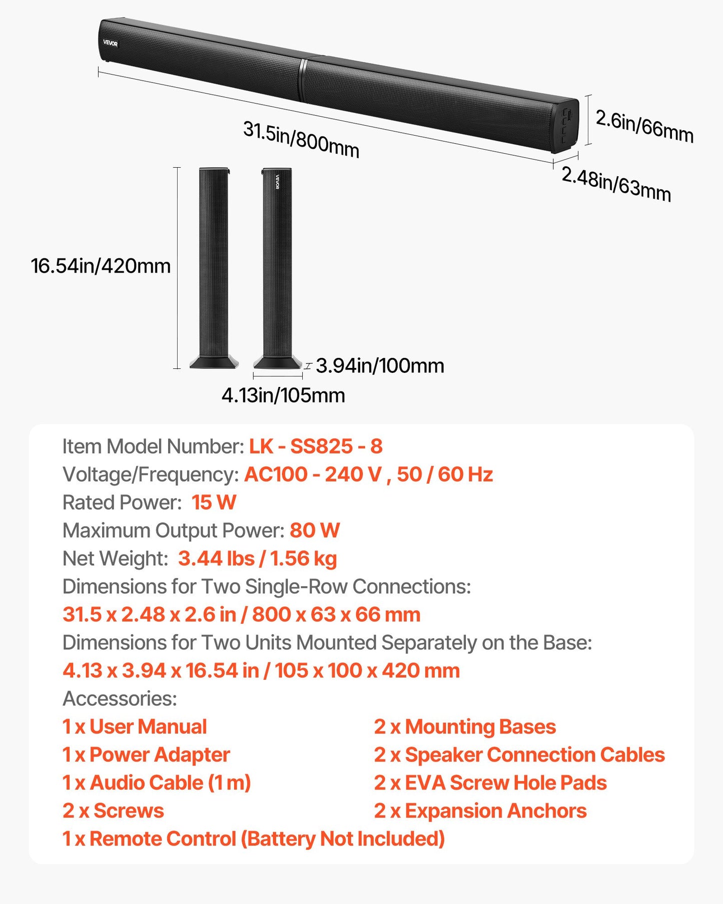 Sound Bar for Smart TV, 2.0 Channel, 32-Inch 2 in 1 Detachable Soundbar TV Speakers, with Bluetooth HDMI AUX USB Connection, Remote Control, 80W Surround Sound System, for Home Theater Audio