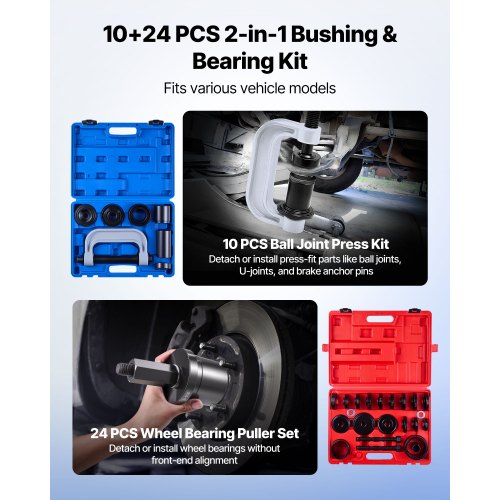 Lagerpresssats, 10+24 delar, 2-i-1 Kulledspress och Hjullagersavdragarsats, Race- och Tätningsdrivarsats med 13 bussningar, C-ram och hylsor, Kraftigt Demonterings- och Monteringssats med Väska |  EU