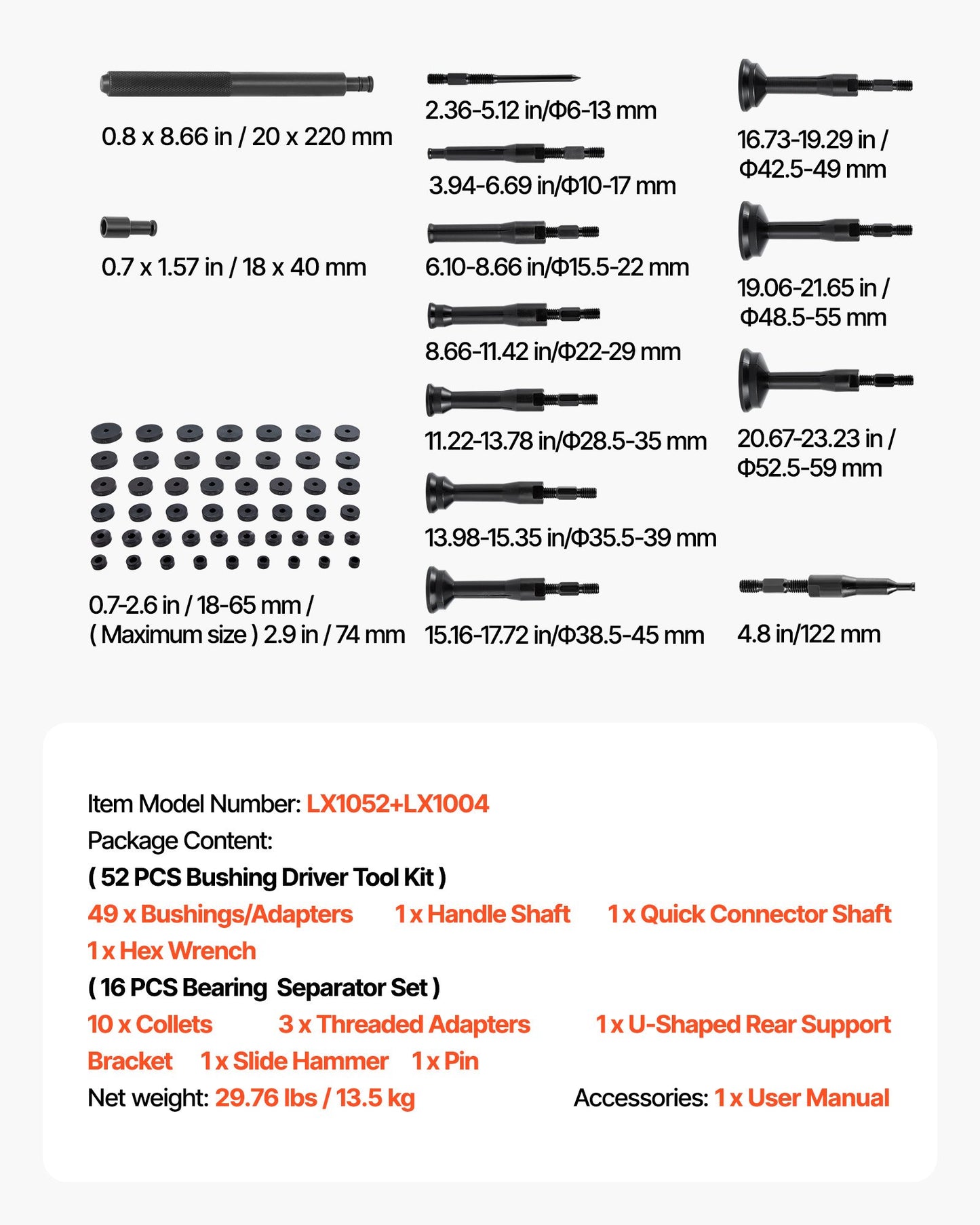 Bearing Press Kit, 52+16 Pcs, 2 in 1 Bushing Driver Tool & Bearing Press Kit, Race and Seal Driver Set with 49 Bushings, 10 Collets, Slide Hammer, Heavy Duty Removal Installation Set with Case