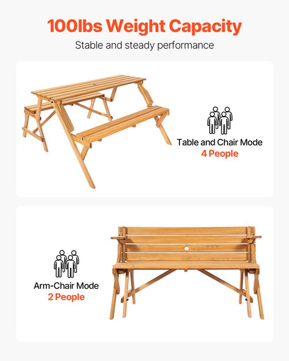 2-in-1 Transforming Interchangeable Picnic Table, Outdoor Wooden Table and Bench Set, Portable Foldable Bench with Umbrella Hole, Patio Dining Furniture for Garden, Backyard, Porch (Brown)