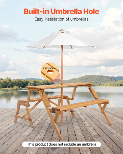 2-in-1 Transforming Interchangeable Picnic Table, Outdoor Wooden Table and Bench Set, Portable Foldable Bench with Umbrella Hole, Patio Dining Furniture for Garden, Backyard, Porch (Brown)
