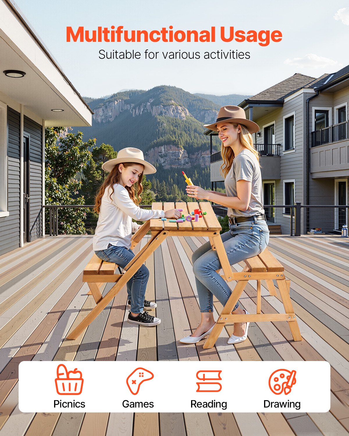 2-in-1 Transforming Interchangeable Picnic Table, Outdoor Wooden Table and Bench Set, Portable Foldable Bench with Umbrella Hole, Patio Dining Furniture for Garden, Backyard, Porch (Brown)