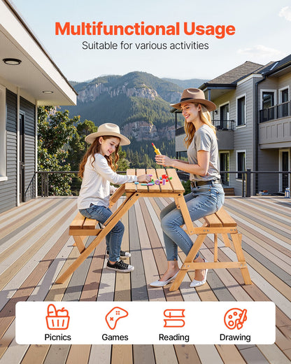 2-in-1 Transforming Interchangeable Picnic Table, Outdoor Wooden Table and Bench Set, Portable Foldable Bench with Umbrella Hole, Patio Dining Furniture for Garden, Backyard, Porch (Brown)