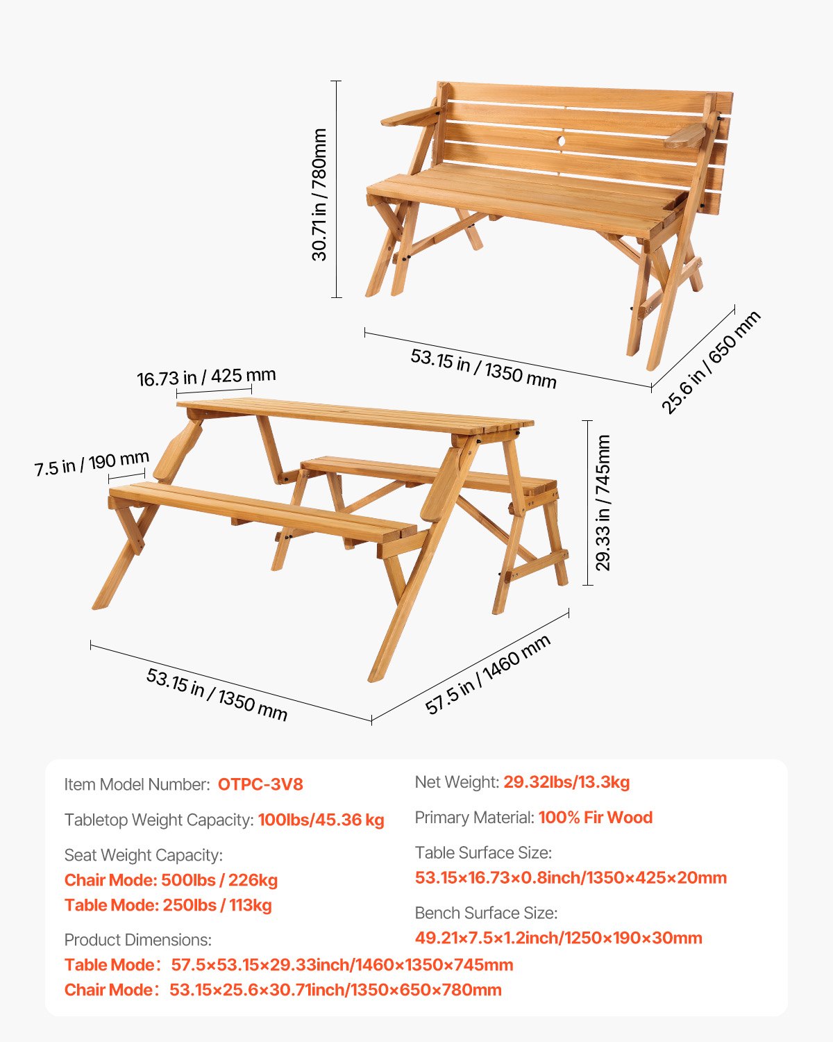 2-in-1 Transforming Interchangeable Picnic Table, Outdoor Wooden Table and Bench Set, Portable Foldable Bench with Umbrella Hole, Patio Dining Furniture for Garden, Backyard, Porch (Brown)