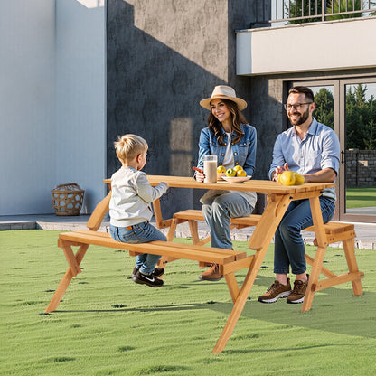 2-in-1 Transforming Interchangeable Picnic Table, Outdoor Wooden Table and Bench Set, Portable Foldable Bench with Umbrella Hole, Patio Dining Furniture for Garden, Backyard, Porch (Brown)